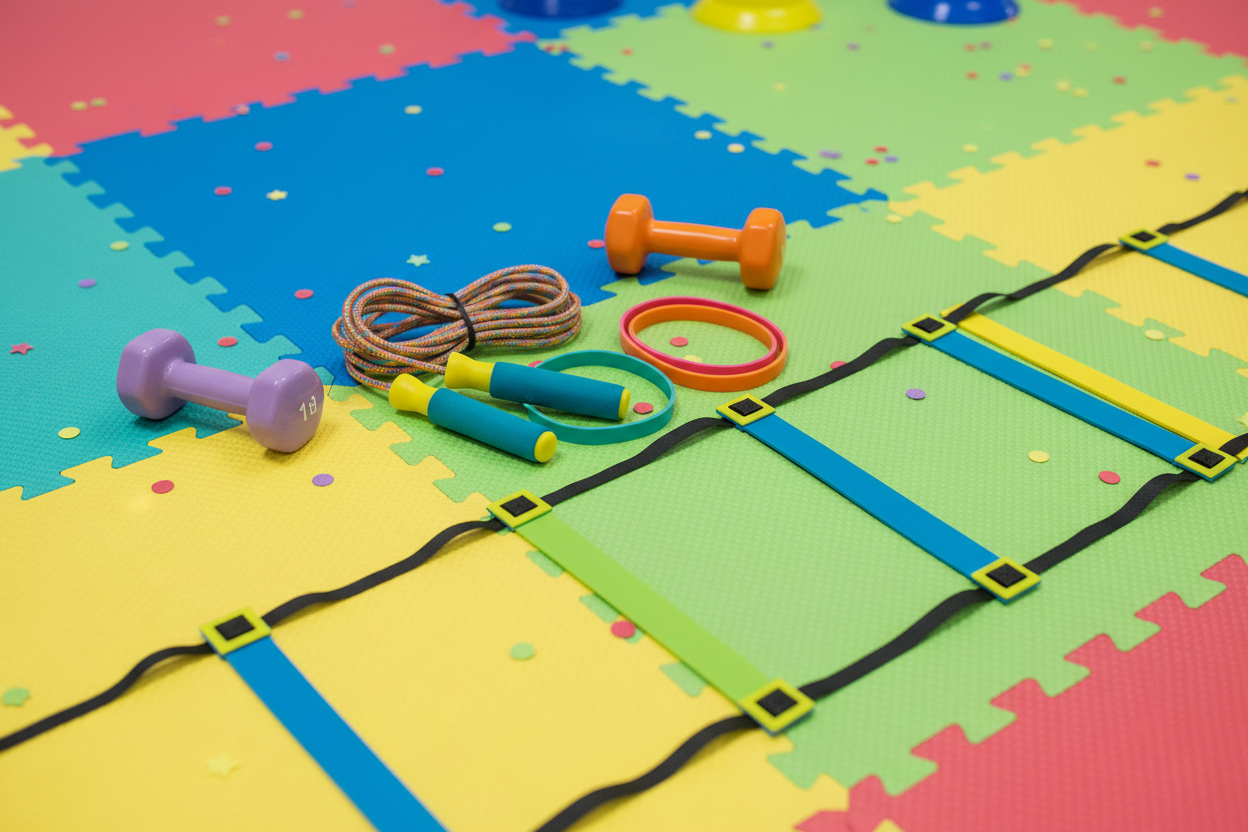 Kids Fitness Equipment Set with jump rope, resistance bands, mini dumbbells, and agility ladder